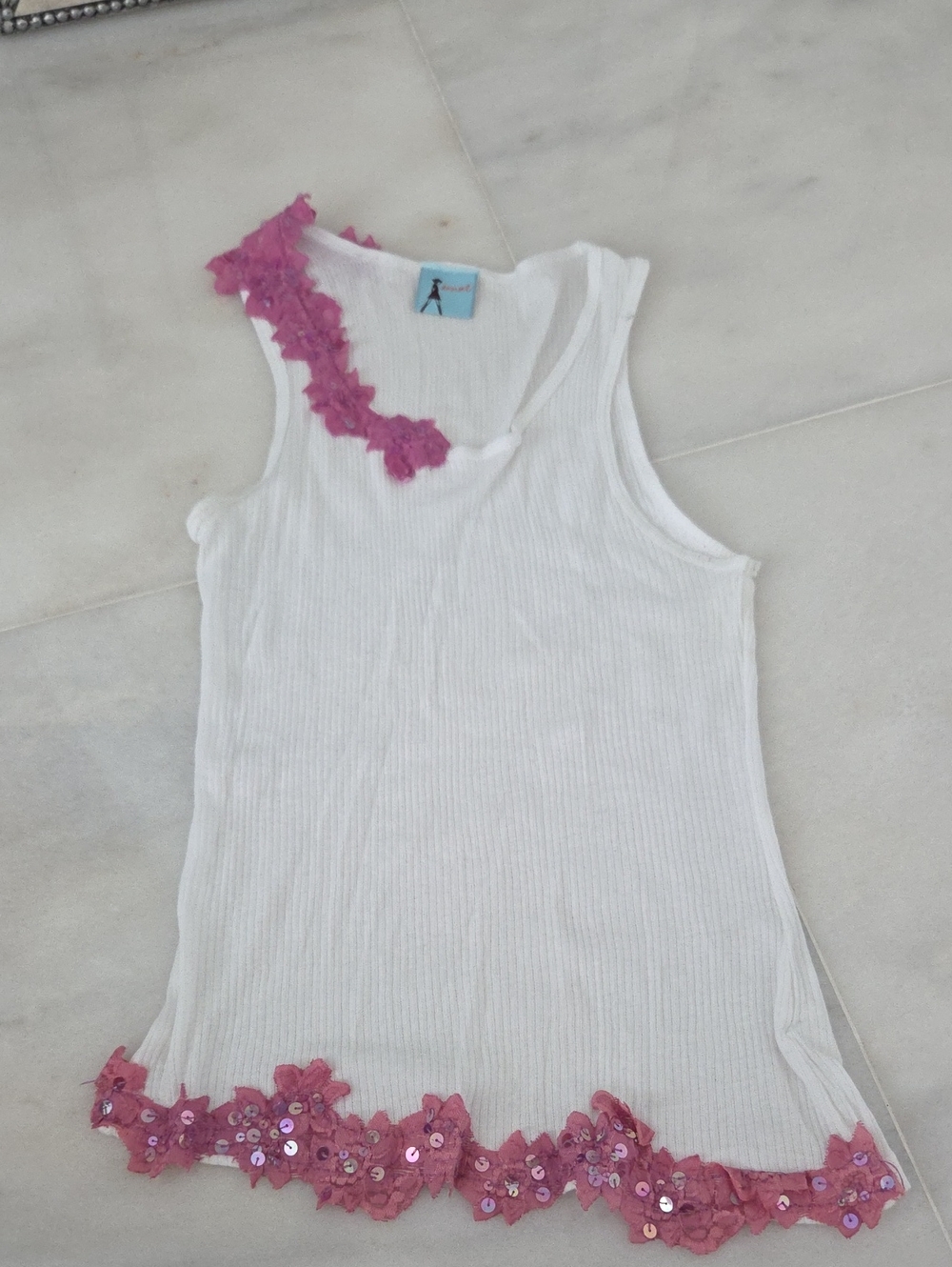 Urban Outfitters White Ribbed Tank with Pink Sequin Floral Trim